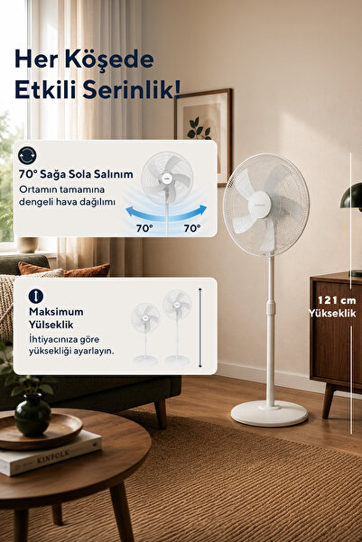 KUMTEL KTF-350 Beyaz 16 İnç Ayaklı Vantilatör 50 W, 5 Pervaneli, 3 Kademeli, 121 cm Yükseklik