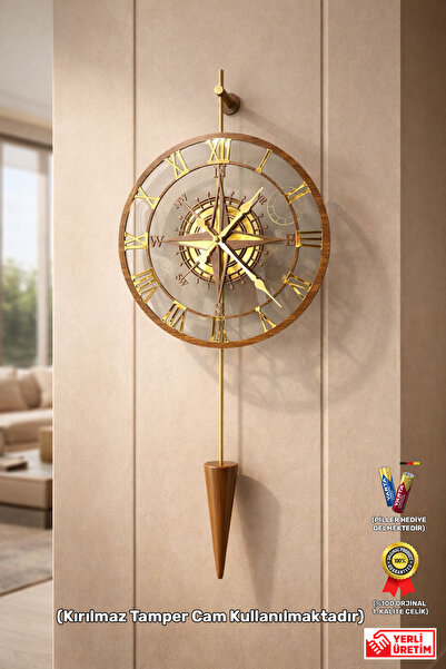 Wallover Design Vivens Pendulum Lüks Pusula Desenli Gold/Ceviz Sessiz Metal D...