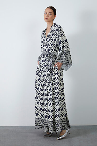 Mobile Belt Detailed Patterned Long Dress