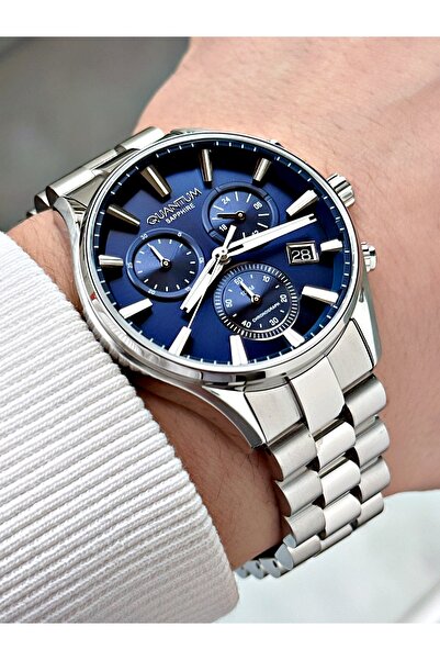 Quantum Functional Silver-Navy Blue Color Sapphire Glass Steel Band Steel Cas...