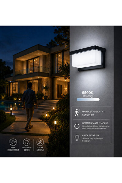 kialed Sensörlü LED Duvar Apliği 6500K Beyaz Işık Modern Dış Mekan Bahçe Balk...