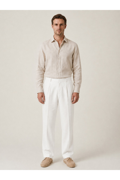 Xint Erkek Beyaz %100 Keten Regular Fit Pantolon