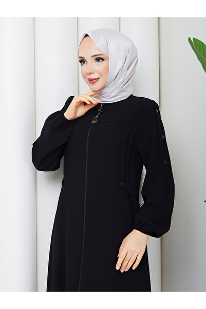 Efelif Siyah Spor Düğme Detaylı Fermuarlı Büyük Beden Kadın Ferace - Şeyma Fe...