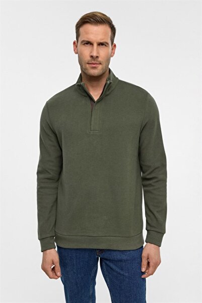 SÜVARİ Haki Regular Düz Fermuarlı Polo Yaka Sweatshirt