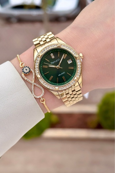 Ferrucci Dial Green Band Gold Color 34 mm Women's Wrist Watch and Bracelet
