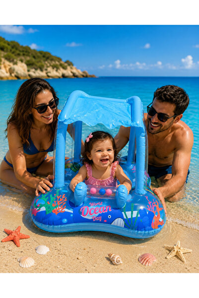 dekan toys Gölgelikli Bebek Deniz Simidi Oturaklı Baby Float UV Korumalı Şişm...