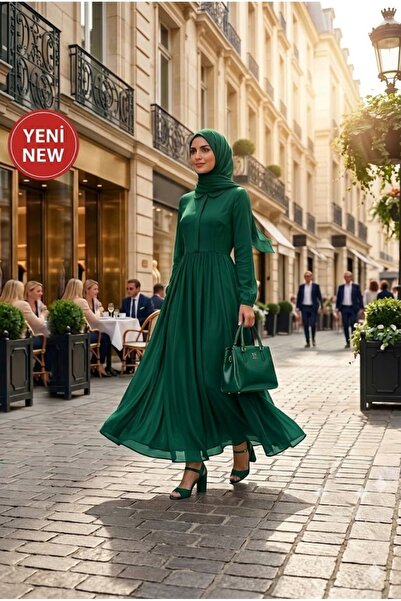 Muslima Wear Étoile De Paris Dark Green French Chiffon Hijab Evening Dress