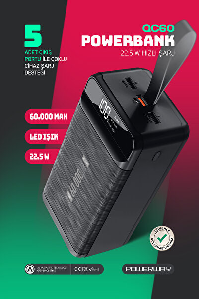 60.000 mAh Pd 22.5w Wired 3.0 Fast Charging Actual 60.000 mAh Guaranteed Illuminated Qc60 Black Powerbank