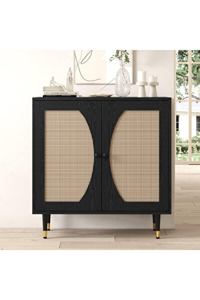 KEKE Black Rattan Cabinet with 2 Doors & Boho Sideboard Storage Cabinet for L...