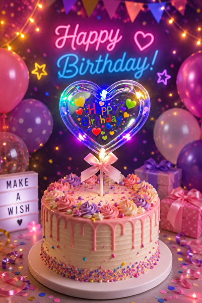 Larenya Happy Birtday Yazılı Işıklı Yuvarlak Pasta Üstü Süsü
