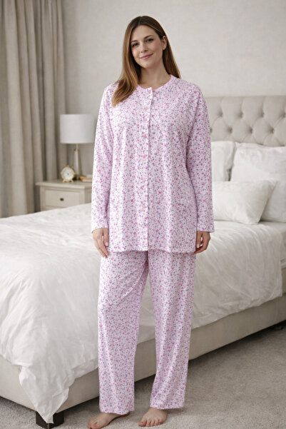 YAŞAR Plus Size Pink Top with Floral Buttons 1 Piece Hospital Pajamas Good Qu...