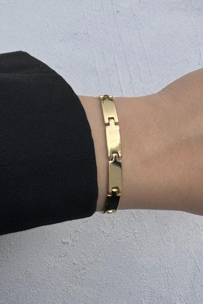 Leo'Stone Gold Dikdörtgen Link Minimal Plaka Tasarım Kadın Çelik Bileklik Altın Kararmaz Renk Atmaz