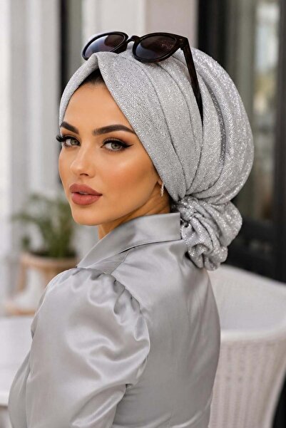 Aişe tesettür بونيه فضي لامع للسهرات مع مشبك