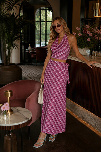 Black Fashion Pembe Ekose Desen Degaje Yaka Bluz Bağlama Detay Etek İkili Takım