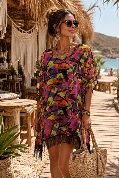 Bolder Simone Pink crna haljina za plažu sa geometrijskim uzorkom i resicama