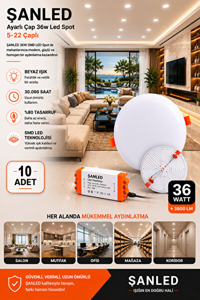ŞANLED Ayarlı Çap 36w Beyaz Işık Led Spot 5-22 Çaplı - 10 Adet