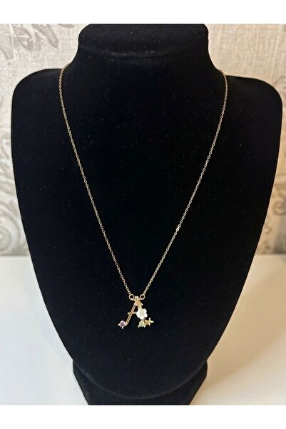 SEM STORE 316L ÇELİK GOLD RENK A HARF ZİRKON TAŞLI ÇİÇEK DETAYLI KOLYE
