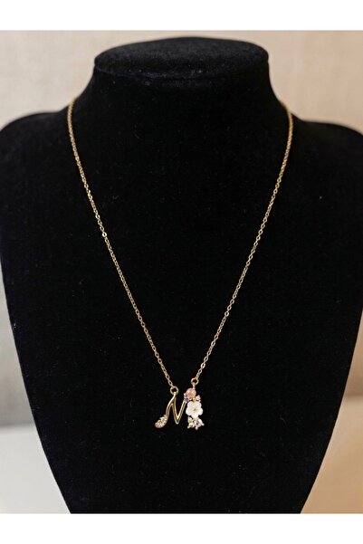 SEM STORE 316L ÇELİK GOLD RENK M HARF ZİRKON TAŞLI ÇİÇEK DETAYLI KOLYE