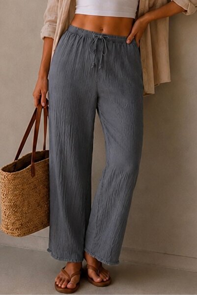 bb butik basic Women's Muslin Casual Trousers with Elastic Waist and Detailed...
