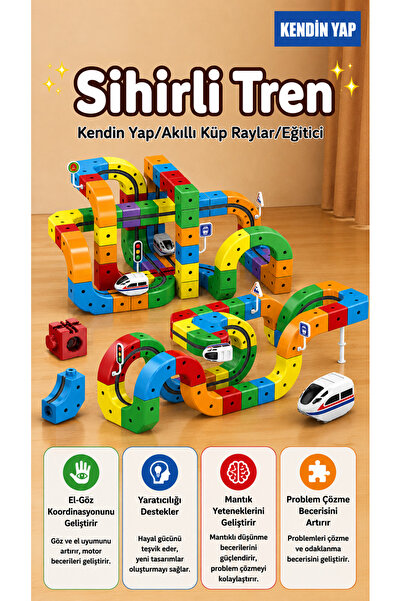 DIY Sihirli Tren – 123 Parça - Akıllı Küp Raylar | USB Şarjlı Elektrikli Tren...