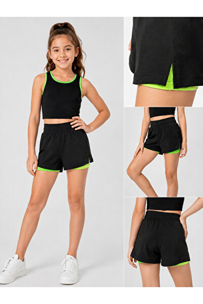 She Can Wear Yeşil Boxerlı Yırtmaçlı Siyah Paraşüt Şort