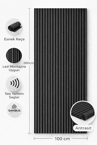 DETAYPOLİURETAN Mdf Ahşap Akustik Duvar Kaplama Paneli 100x280 cm -- Antrasit