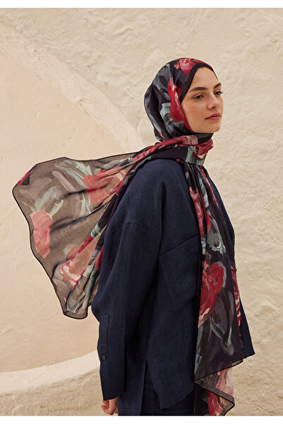 Freshscarfs Lacivert Summer Rose Desen Rami Şal