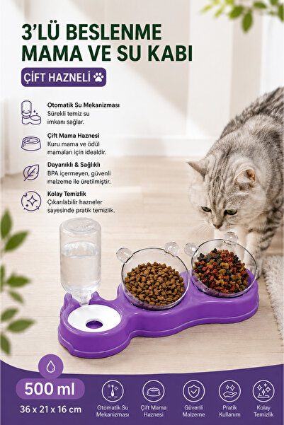 Glipet Çift Hazneli 3' lü Beslenme Mama ve Su Kabı Mor 500 ml 36 x 21 x 16 cm