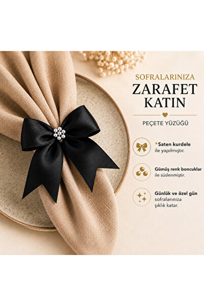 Fancyagnes El Yapımı Siyah Kurdele Gümüş Renk Boncuklu Peçete Yüzüğü Halkası ...