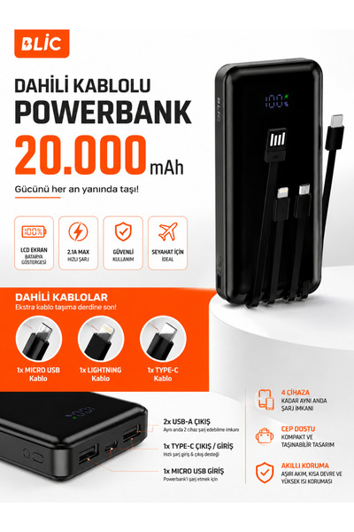 alpotekno BLIC BPB6 20000 mAh Powerbank Dahili Kablolu – LED Ekranlı, 4’lü Ço...