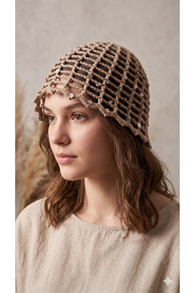 Parrio Handmade Knitted Brown Mesh Summer Beanie, Bandana, Buckle Hair Accessory
