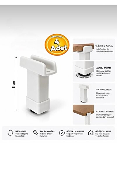 SER SR08 U Tipi Geçme Mobilya Ayak Beyaz 8 cm Mobilya Ayağı (4 Adet)