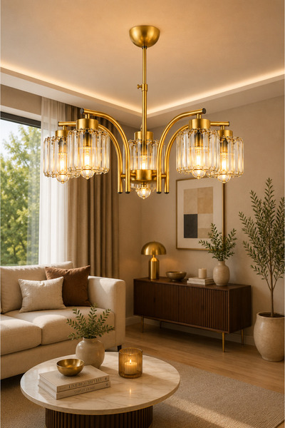 ESSLİGHT Venice 5’li Eskitme Kristal Taşlı Salon Mutfak Yatak Odası Avizesi