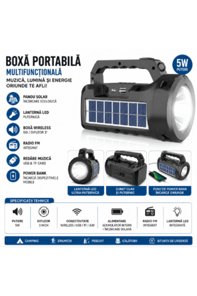 SING Boxă portabilă wireless cu panou solar, 5W, difuzor de 3 inch, radio FM,...