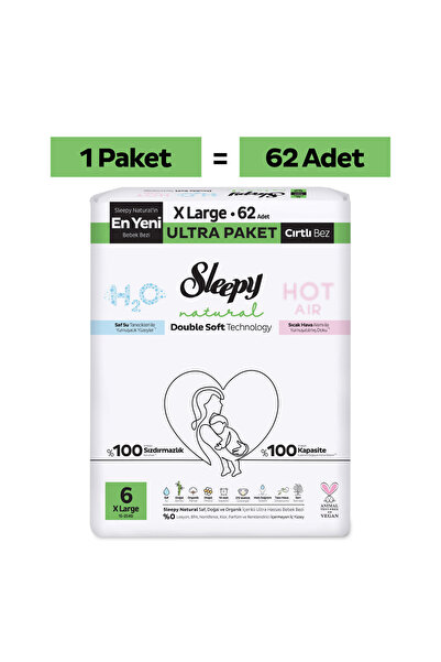 Sleepy Natural Double Soft Ultra Paket Bebek Bezi 6 Numara Xlarge 62 Adet
