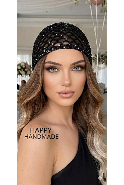 HAPPY HANDMADE Gümüş Pullu&Simli Siyah Bere/Bandana/ÖZEL TASARIM YILBAŞI HEDi...