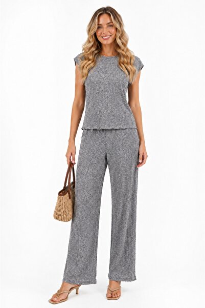 rindahomewear Bürümcük Fabric Anthracite Low Sleeve Pajama Set