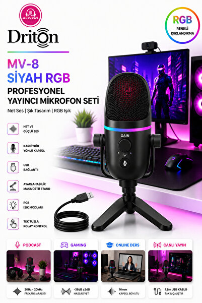DRİTON Driton Youtuber Mikrofon Mv-8 Siyah Usb Rgb Dinamik Cardioid Condenser...