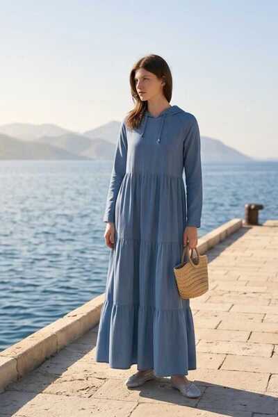 Neways 6531-Denim Kapşonlu Reglan Kollu Elbise Mavi