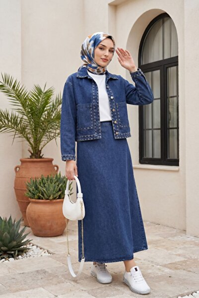 Modamorfo Embroidery Detailed Double Pocket Buttoned Front Skirted Denim Suit...