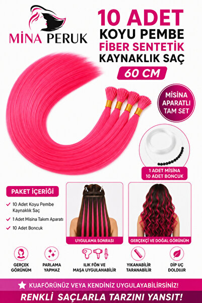 Mina Peruk KOYU PEMBE Fiber Sentetik Renkli Boncuk Kaynak Saç Koyu Pembe 10 A...