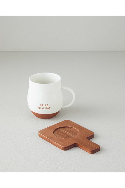 English Home Hello New Day New Bone China Bardak Altlıklı Kupa 450 ml Beyaz