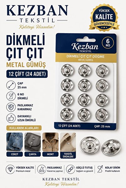 Kezban Tekstil زر سياج معدني 6 رقم 25 مم 12 زوجًا فضي