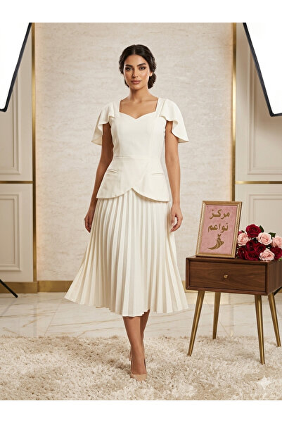 NAWAEIM Modern Evening Dress Midi Length Off White Color with Sexy Crushed De...