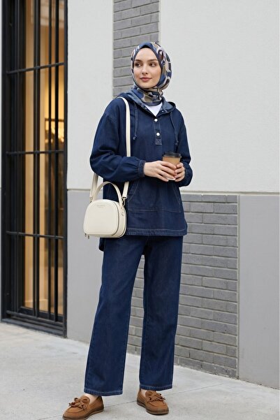 Modamorfo Kangaroo Pocket Hooded Jeans Set with Snap Fasteners on the Front -...