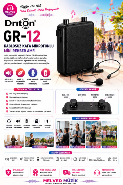 DRİTON GR-22 KABLOSUZ KAFA MİKROFONLU MİNİ REHBER AMFİ VE BLUETOOTH HOPARLÖR