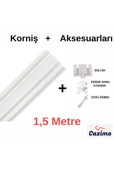 CAZIMO İkili Korniş Rayı PVC Perde Rayı Ölçü Seçenekli Tavan Tipi Beyaz Korni...