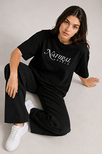 Luliana Natural World Printed Unisex Black Oversize Comfortable Fit Crew Neck...