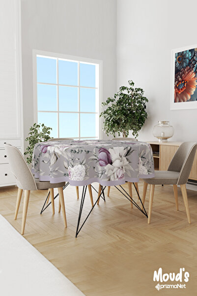 Moud's Gray Purple Floral Patterned Round Suede Carefree Tablecloth