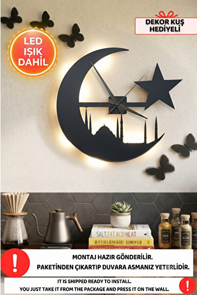 Dekorvin Led Işıklı Ay Yıldız Mutfak Duvar Saati Sessiz Dekoratif Modern Siya...